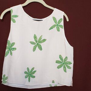 Finity Studio Cream Colored Silk Shell With Green Flowers/Beading